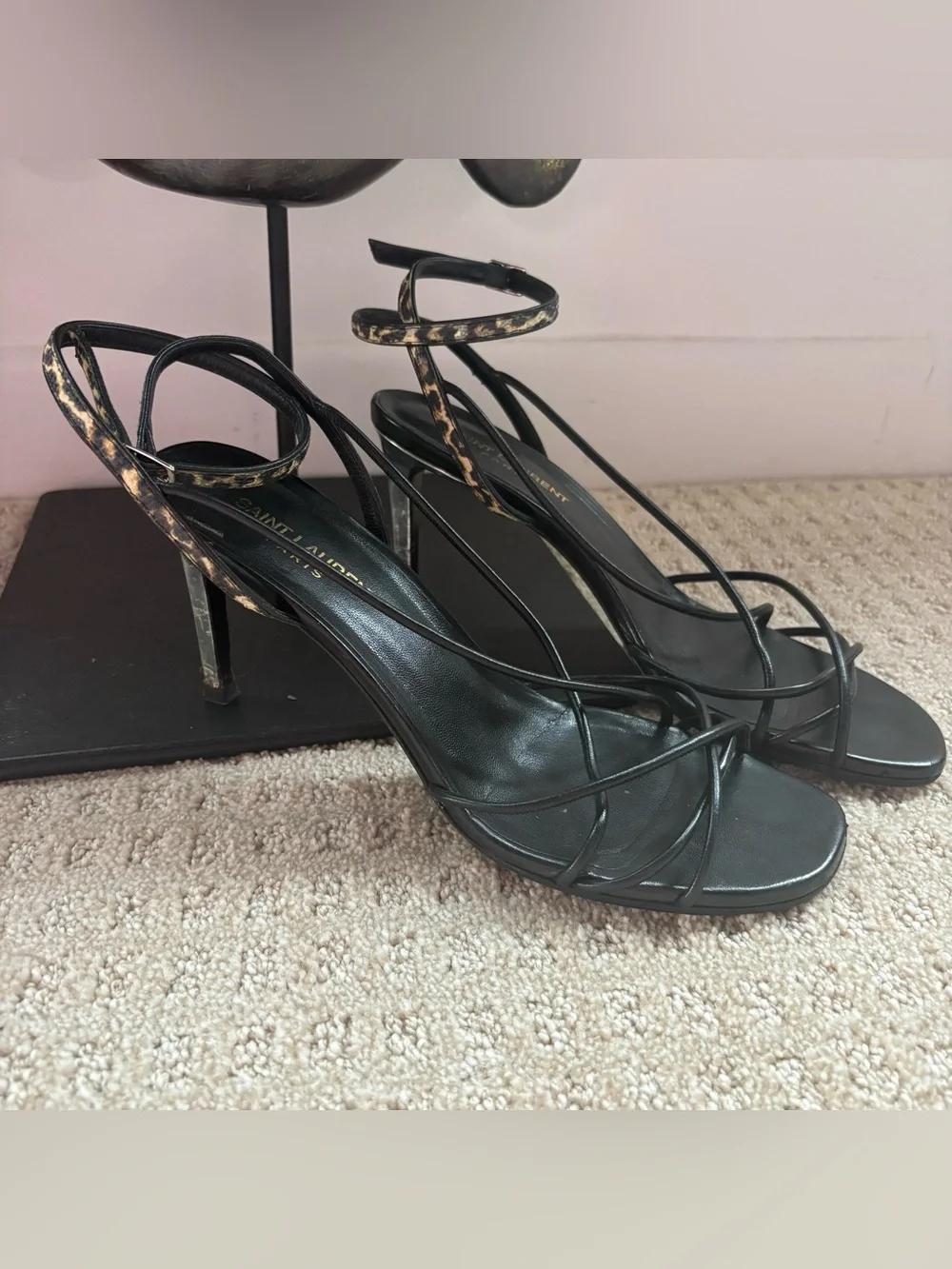Saint Laurent Black Strappy Heeled Sandals with Leopard Accent Size 39
